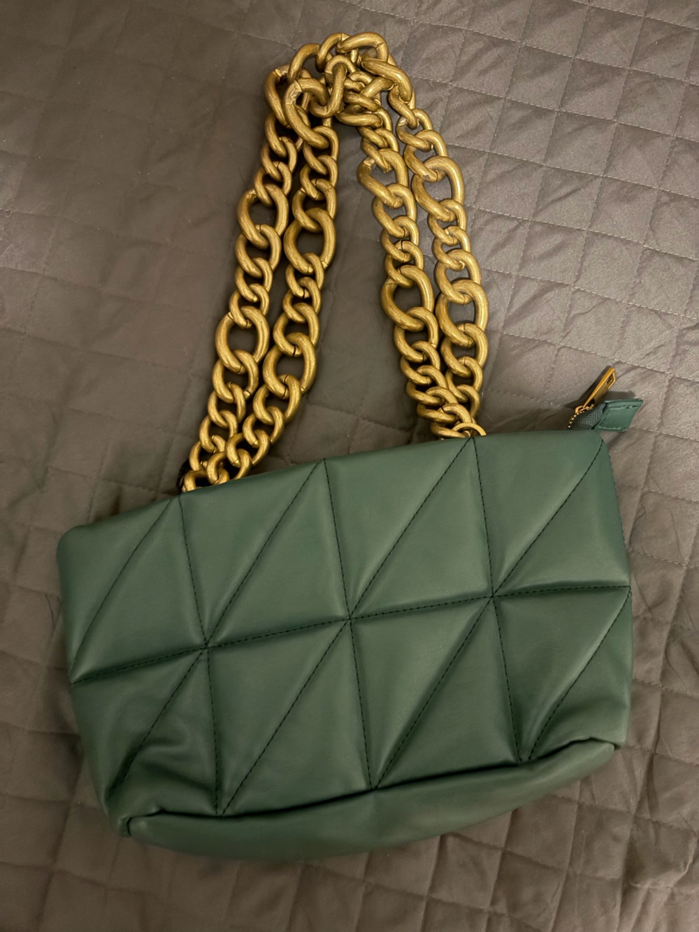 Zara Green Quilted Shoulder Bag with Gold Chain Strap